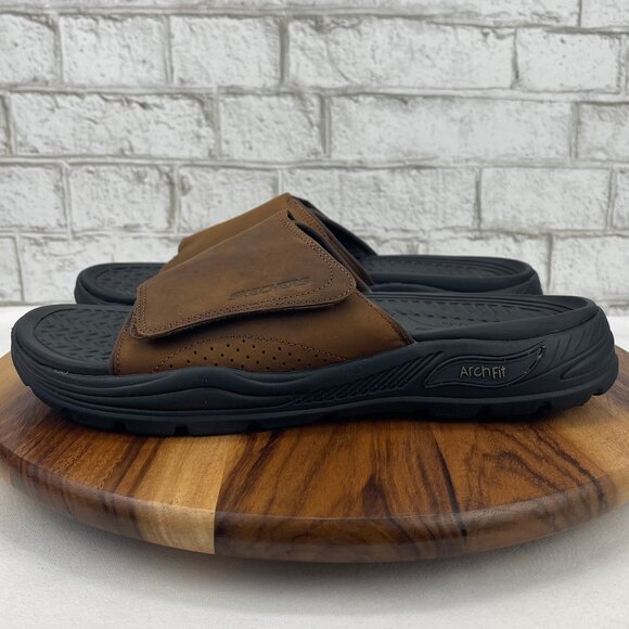 Skechers ArchFit Motley Mens 12 Brown Black Leather Revelo Slide Sandals - Picture 2 of 15